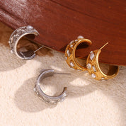 C-shaped Hoop Earrings with Pearl Geometric Rhinestone Silver Color 316L Stainless Steel Accessories 18K Gold Plated Jewelry