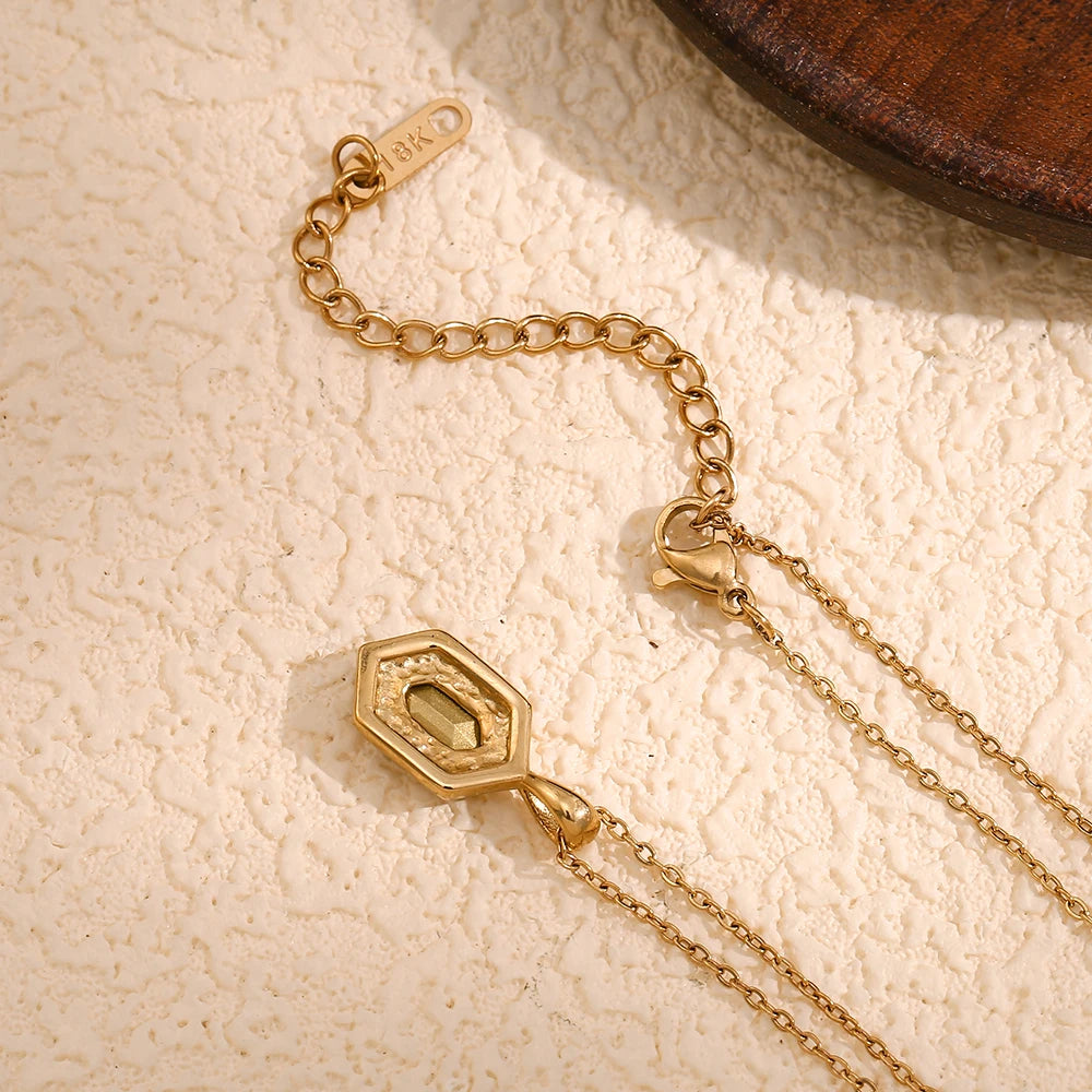 E.B.belle Hexagonal Green Rhinestone Necklace Retro Style Gold Color Women Water Resistant Jewelry 316L Stainless Steel Necklace