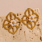 E.B.belle High Quality Stainless Steel Rhombus Shape Hollow Flower Pearl Earrings 18K Gold Plated Women Girls Statement Earring