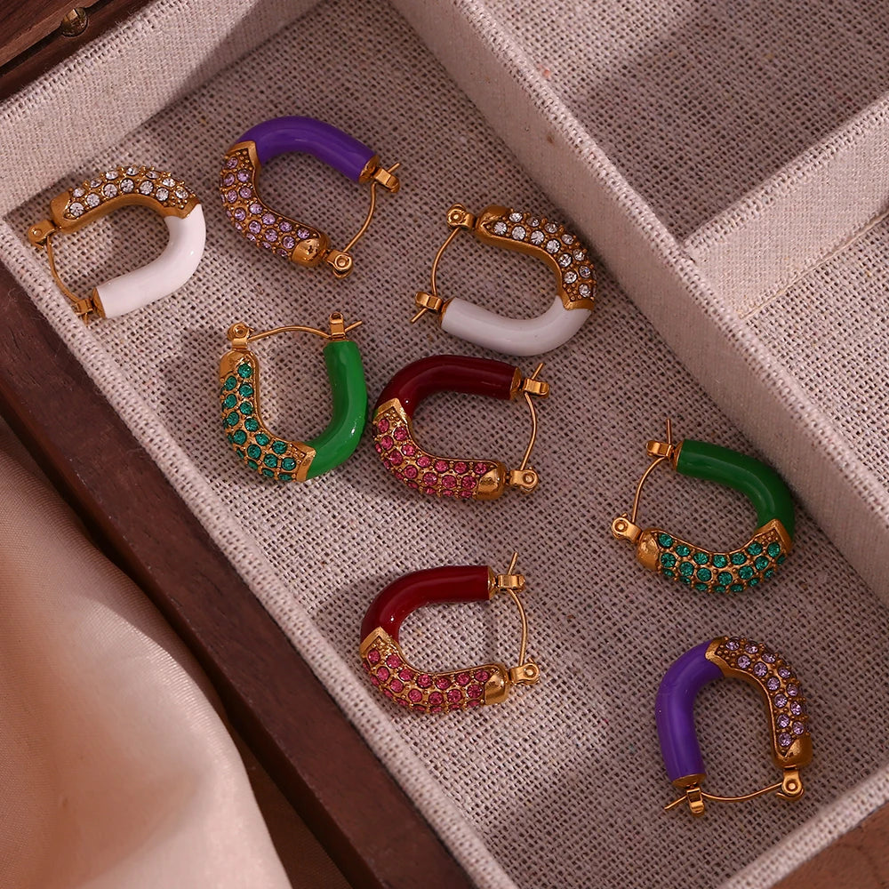 E.B.belle Purple Green White Enamel U Shaped Rhinestone Crystal Paved Y2K Hoop Earrings For Girls Female Ladies Colorful Earring