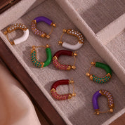 E.B.belle Purple Green White Enamel U Shaped Rhinestone Crystal Paved Y2K Hoop Earrings For Girls Female Ladies Colorful Earring