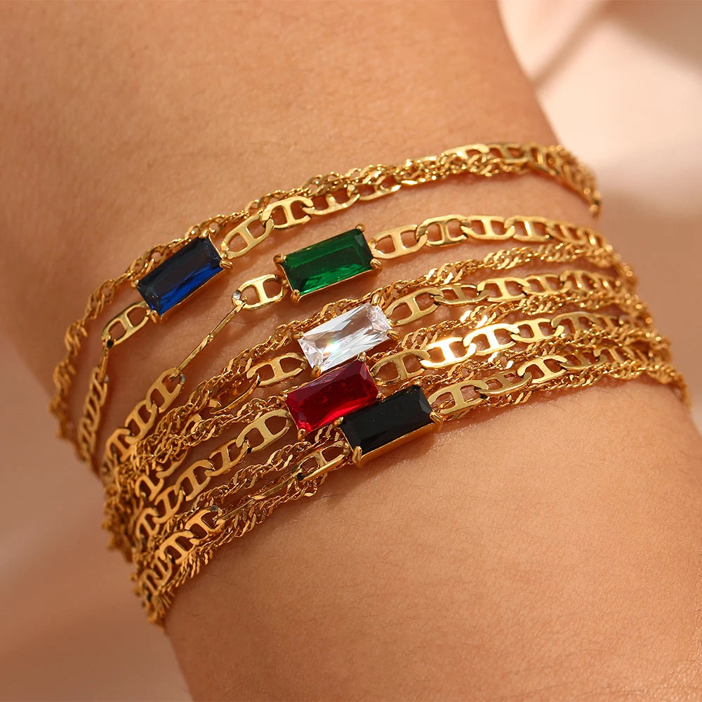 E.B.belle Double Layers Pig Nose Chain Shiny Zircon Bracelet PVD Plated Stainless Steel Women Jewelry Accessories