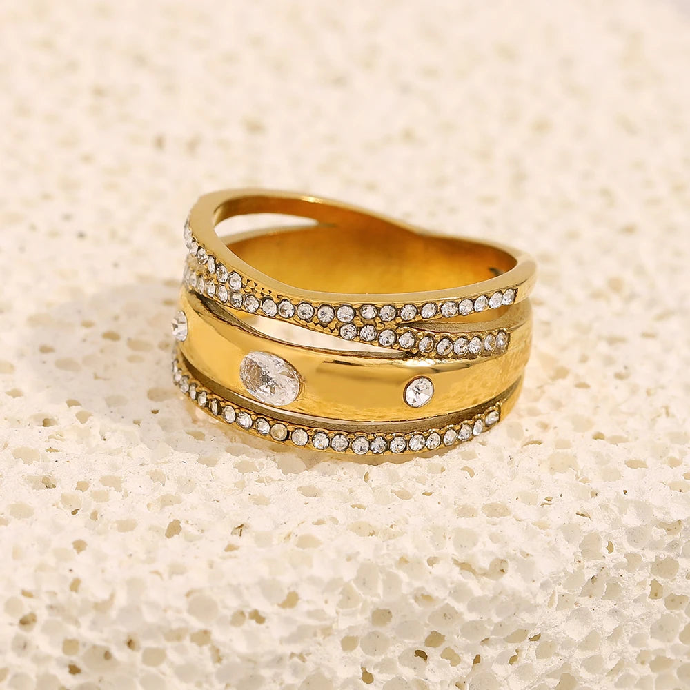 E.B.belle Creative Luxury Multipile Zircon Ring High Quality Stainless Steel 18K Gold Plated Party Statement Jewelry Accessories