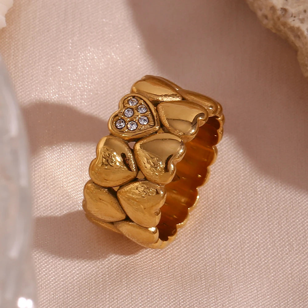 Rhinestone Filled Casting Mould Wide Band Y2K accessories Heart Rings For Girls Ladies Bold Stainless Steel Gold Plated Ring