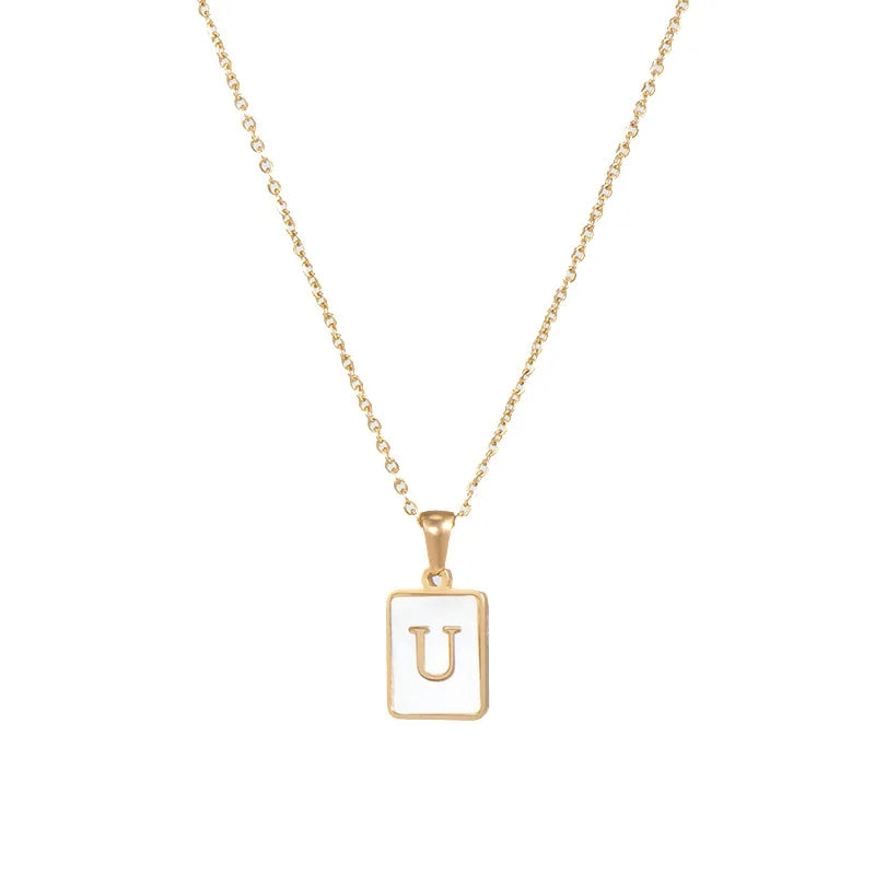 E.B.belle Minimalist Mother of Pearl Shell Stainless Steel Tarnish Free Initial Necklace Gold Plated Letter Necklace for Women