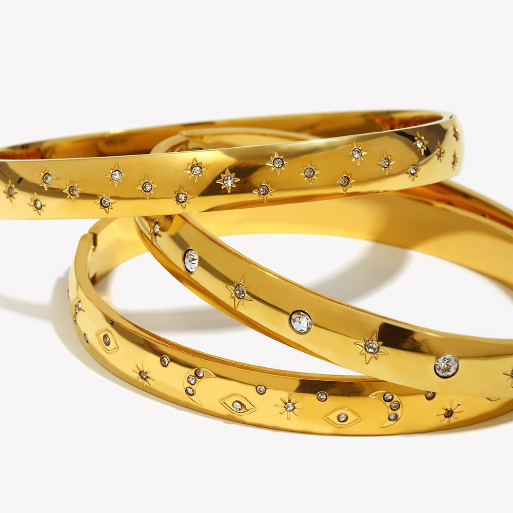 E.B.belle Minimalist Star Moon Rhinestone Bracelet 18k Gold Plated 316L Stainless Steel Water Proof Charm Women's Jewelry