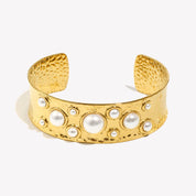 E.B.belle Wide Facted Hammer Pattern Multi Size Pearl Cuff Bracelet 18K Gold Plated Elegant Style Chic Jewelry Acccessories