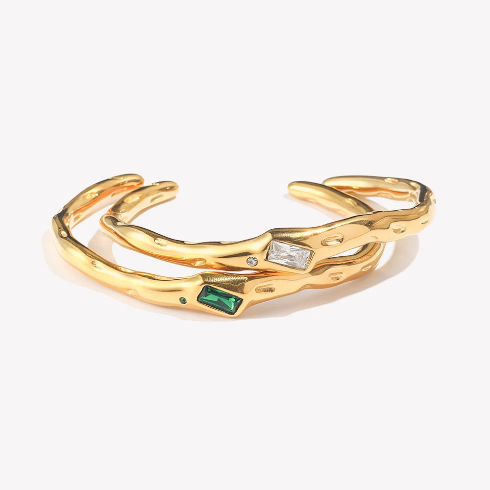 E.B.belle Irregular Opening Rectangular Zircon Bracelet 18K Gold Plated Green Color 316L Stainless Steel Women's Hand Bracelets