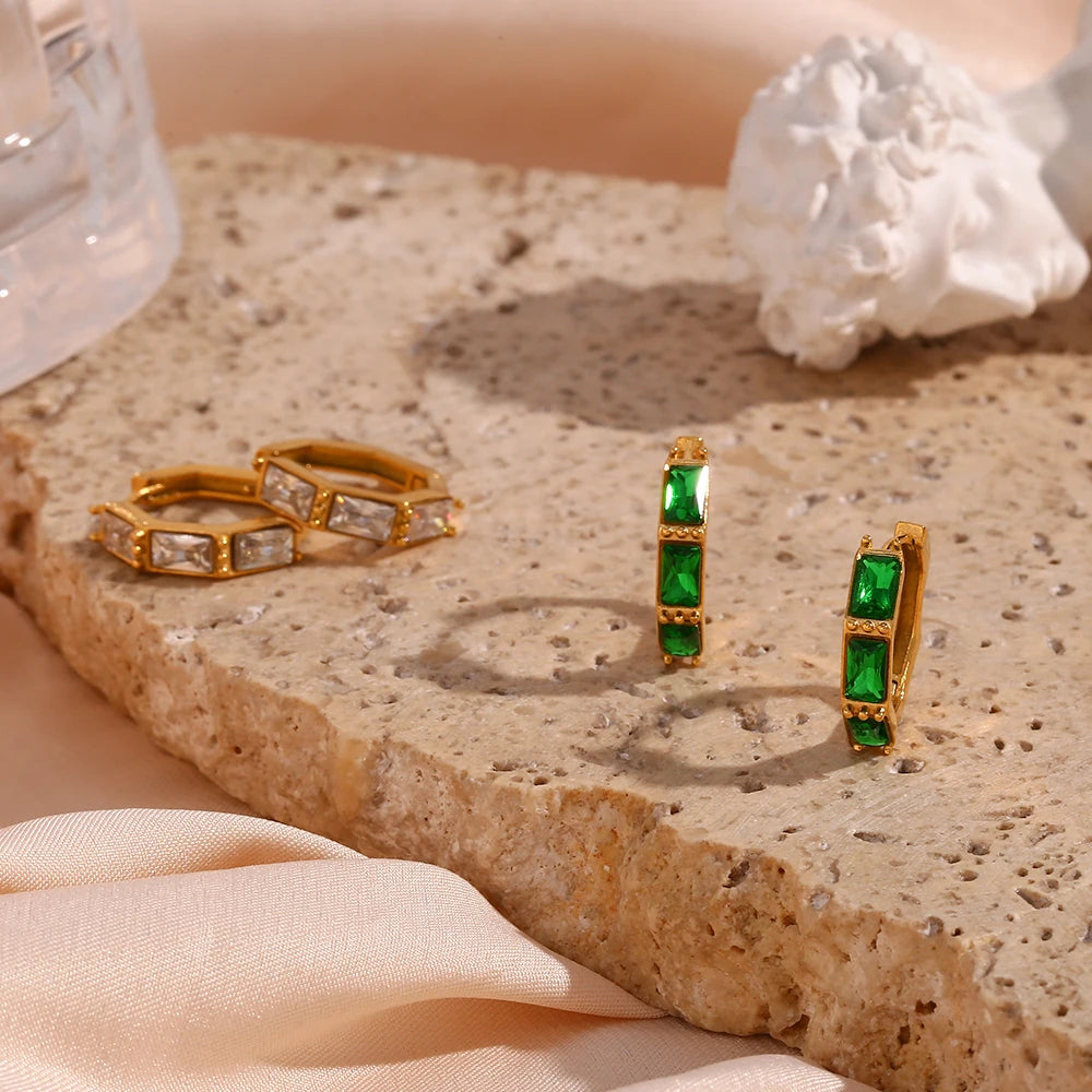 E.B.belle Bamboo Cubic Zirconia Stone Green Clear Small Huggies Hoop Earring Delicate Elegant Ladies Gold Plated Zircon Hoop