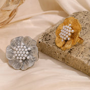 E.B.belle Elegant Big Bloom Imitation Pearl Stamen Ring Jewelry Stainless Steel Body Decoration Hypoallergenic For Ladies Charm
