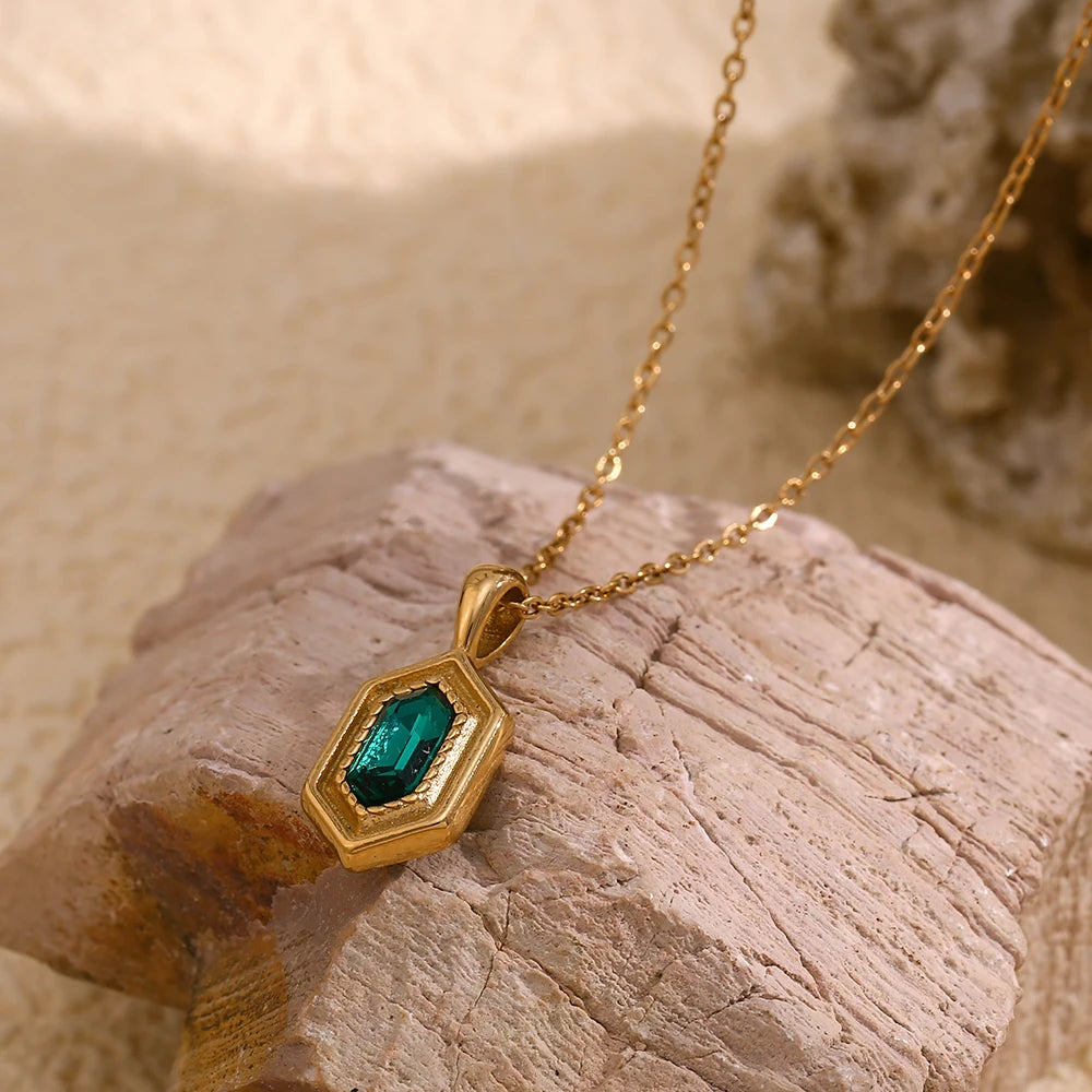 E.B.belle Hexagonal Green Rhinestone Necklace Retro Style Gold Color Women Water Resistant Jewelry 316L Stainless Steel Necklace