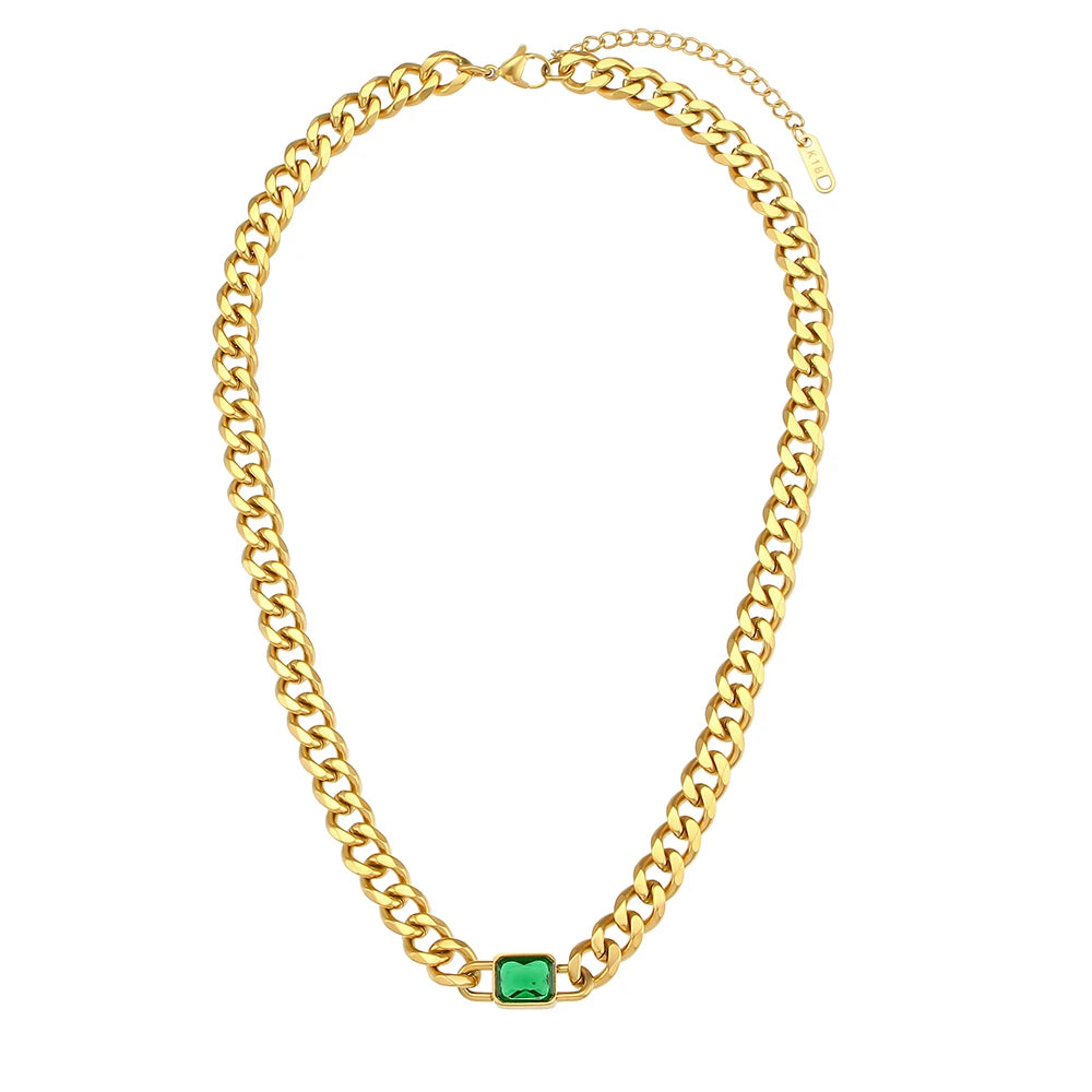 E.B.belle Square Zircon Stone Chunky Cuban Chain Necklace Fine Polished 316L Stainless Steel Statement Necklace For Women