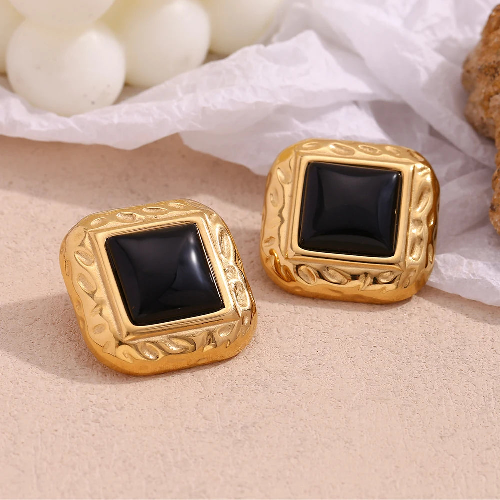 E.B.belle Hammer Pattern Square Black Acrylic Earrings 18K Gold Plated Jewelry 316L Stainless Steel Accessories