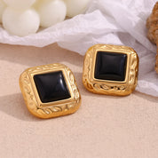 E.B.belle Hammer Pattern Square Black Acrylic Earrings 18K Gold Plated Jewelry 316L Stainless Steel Accessories