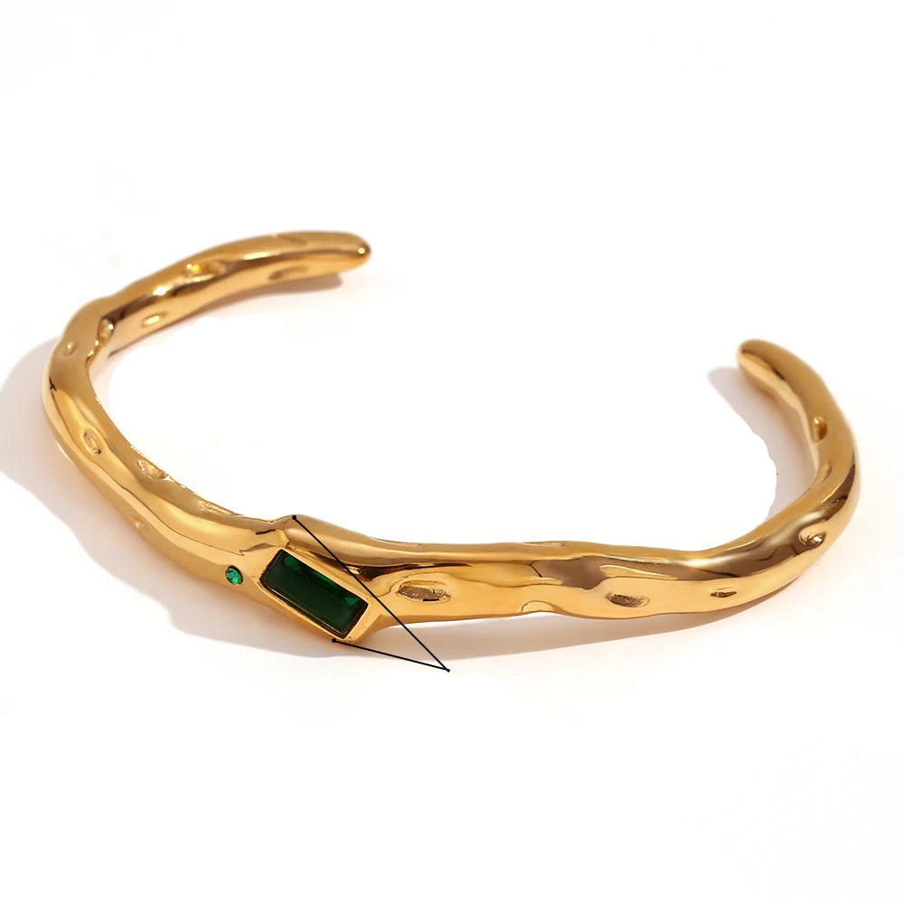E.B.belle Irregular Opening Rectangular Zircon Bracelet 18K Gold Plated Green Color 316L Stainless Steel Women's Hand Bracelets
