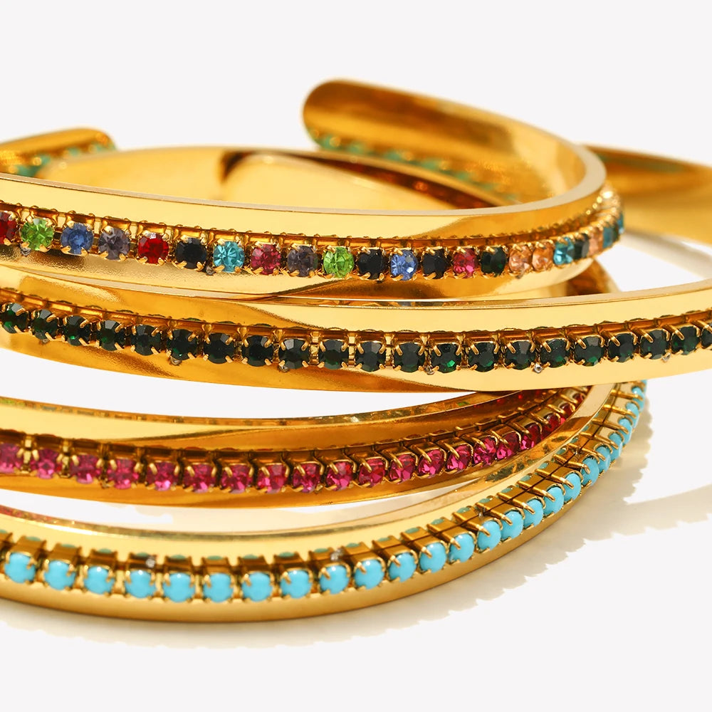 E.B.belle Fashion Waterproof Stainless Steel Shiny Colorful Turquoise Rhinestone Cuff Bracelets For Women Party Jewelry Gifts