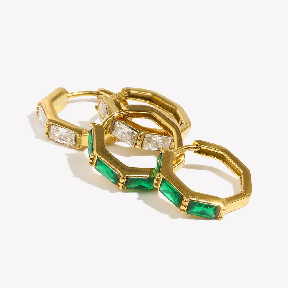 E.B.belle Bamboo Cubic Zirconia Stone Green Clear Small Huggies Hoop Earring Delicate Elegant Ladies Gold Plated Zircon Hoop