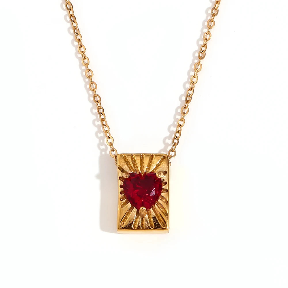 E.B.belle Heart Zircon Radiant Rectangular Card Pendant Necklace Colorful Stainless Steel Decoration 18K Gold Plated Jewelry