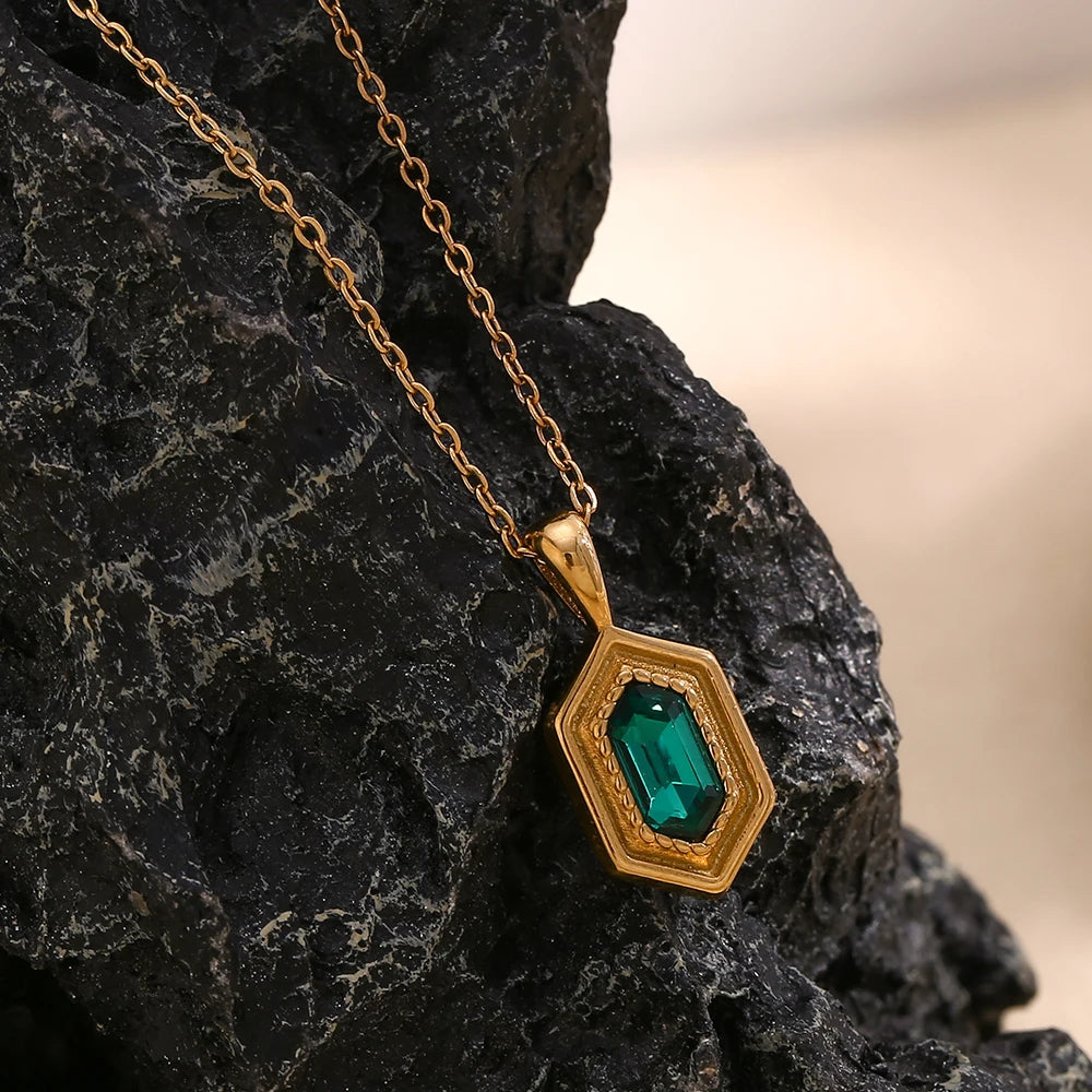 E.B.belle Hexagonal Green Rhinestone Necklace Retro Style Gold Color Women Water Resistant Jewelry 316L Stainless Steel Necklace