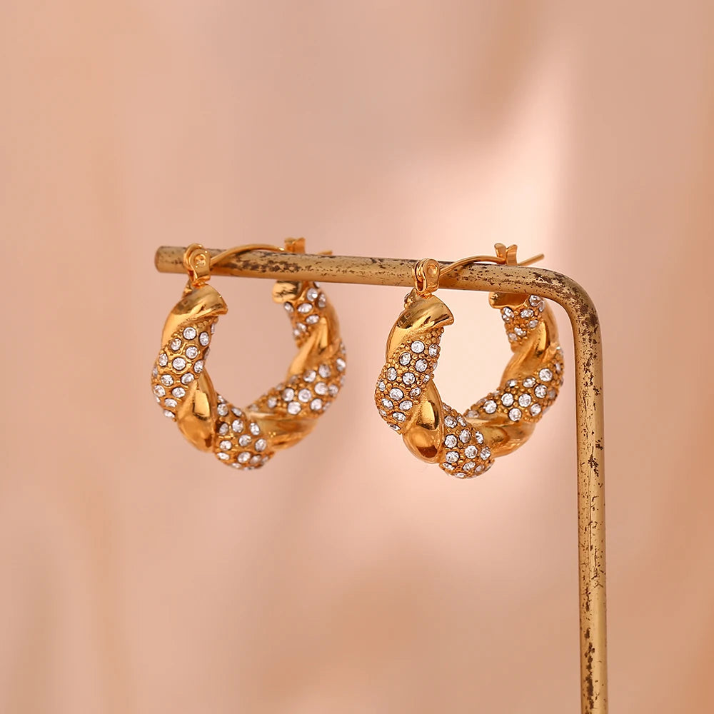 E.B.belle Crystal Paved Twisted Rope Style Rhinestone Hoop Earrings For Women Stainless Steel Chunky Statement Hoop Earring