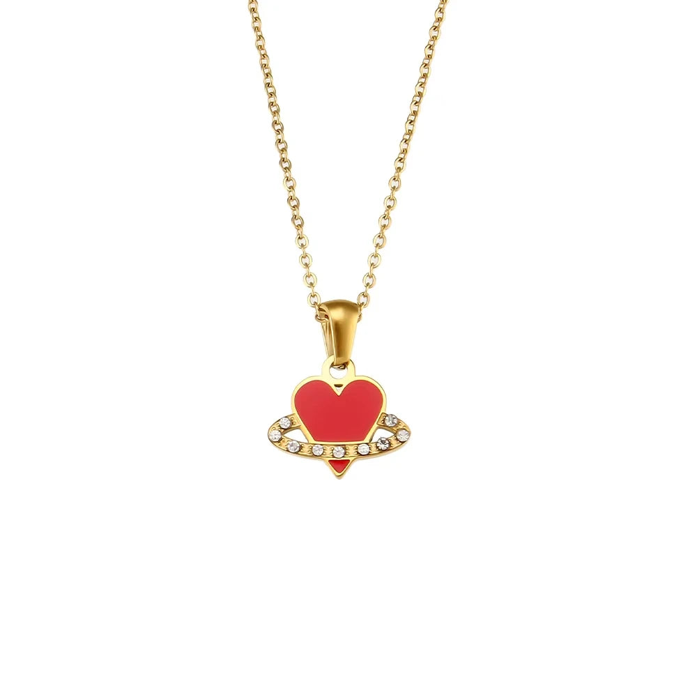 E.B.belle  Natural Stone Shiny Heart Zircon Pendant Necklace Gold Plated Stainless Steel Fashion Women Neck Jewelry