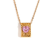 E.B.belle Heart Zircon Radiant Rectangular Card Pendant Necklace Colorful Stainless Steel Decoration 18K Gold Plated Jewelry