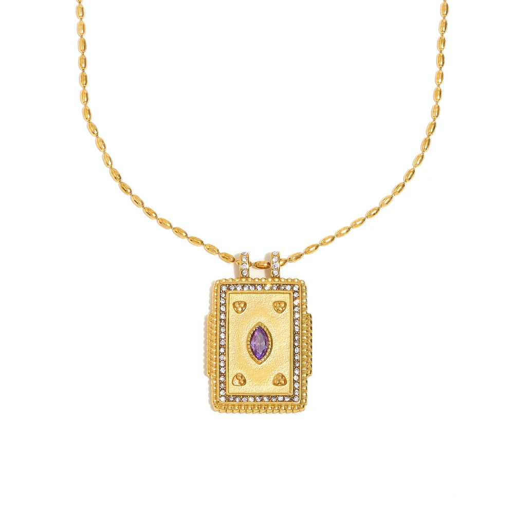 E.B.belle Colorful Enamel Square Zircon Pendant Necklace 18K Gold Plated Stainless Steel Fashion Neck Jewelry