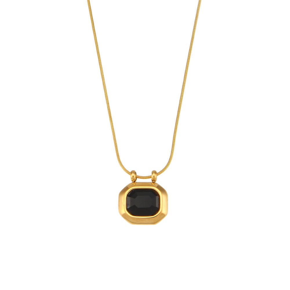 E.B.belle 2024 New Minimal Snake Chain Rectangle Large Cubic Zirconia Stone Pendant Necklace For Woman Stainless Steel Jewelry
