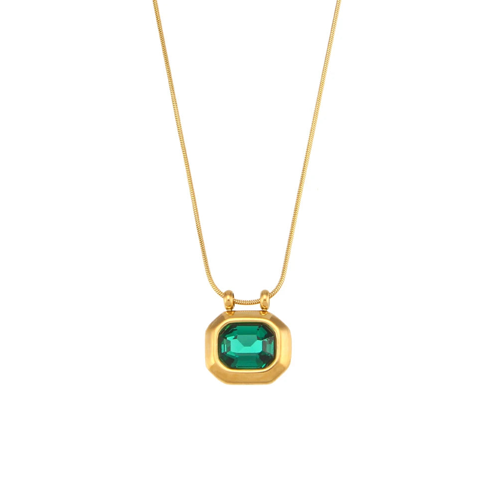 E.B.belle 2024 New Minimal Snake Chain Rectangle Large Cubic Zirconia Stone Pendant Necklace For Woman Stainless Steel Jewelry