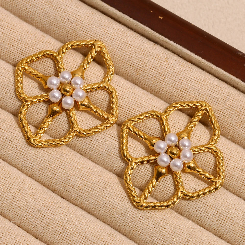 E.B.belle High Quality Stainless Steel Rhombus Shape Hollow Flower Pearl Earrings 18K Gold Plated Women Girls Statement Earring