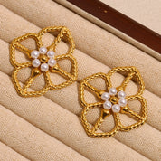 E.B.belle High Quality Stainless Steel Rhombus Shape Hollow Flower Pearl Earrings 18K Gold Plated Women Girls Statement Earring