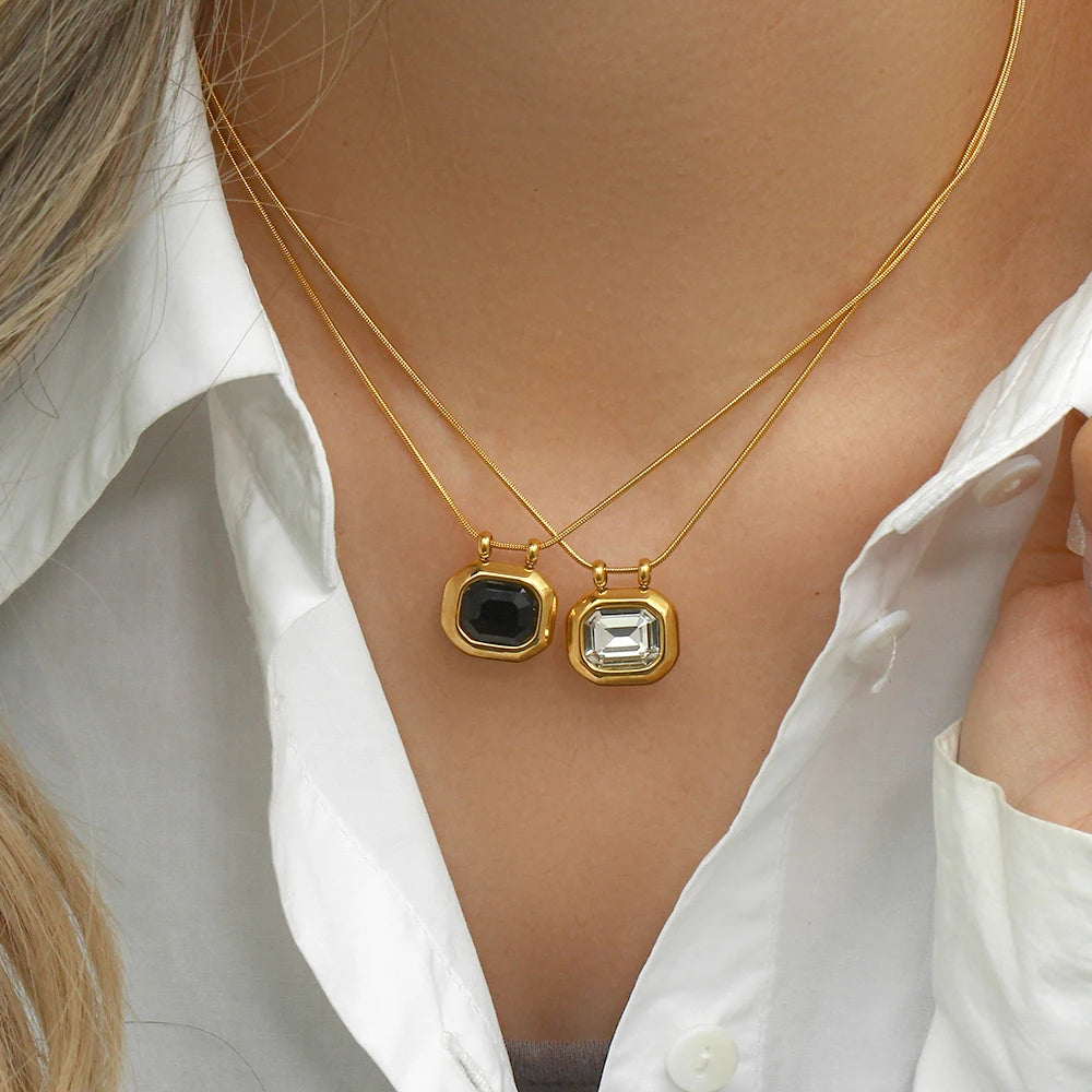 E.B.belle 2024 New Minimal Snake Chain Rectangle Large Cubic Zirconia Stone Pendant Necklace For Woman Stainless Steel Jewelry