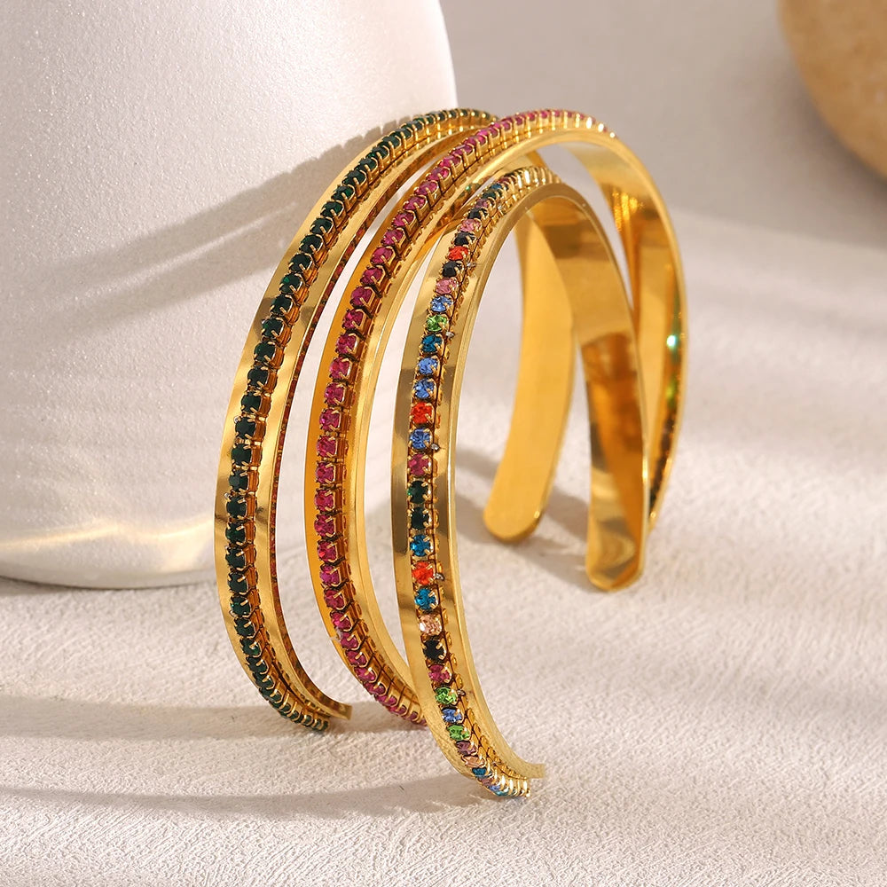 E.B.belle Fashion Waterproof Stainless Steel Shiny Colorful Turquoise Rhinestone Cuff Bracelets For Women Party Jewelry Gifts