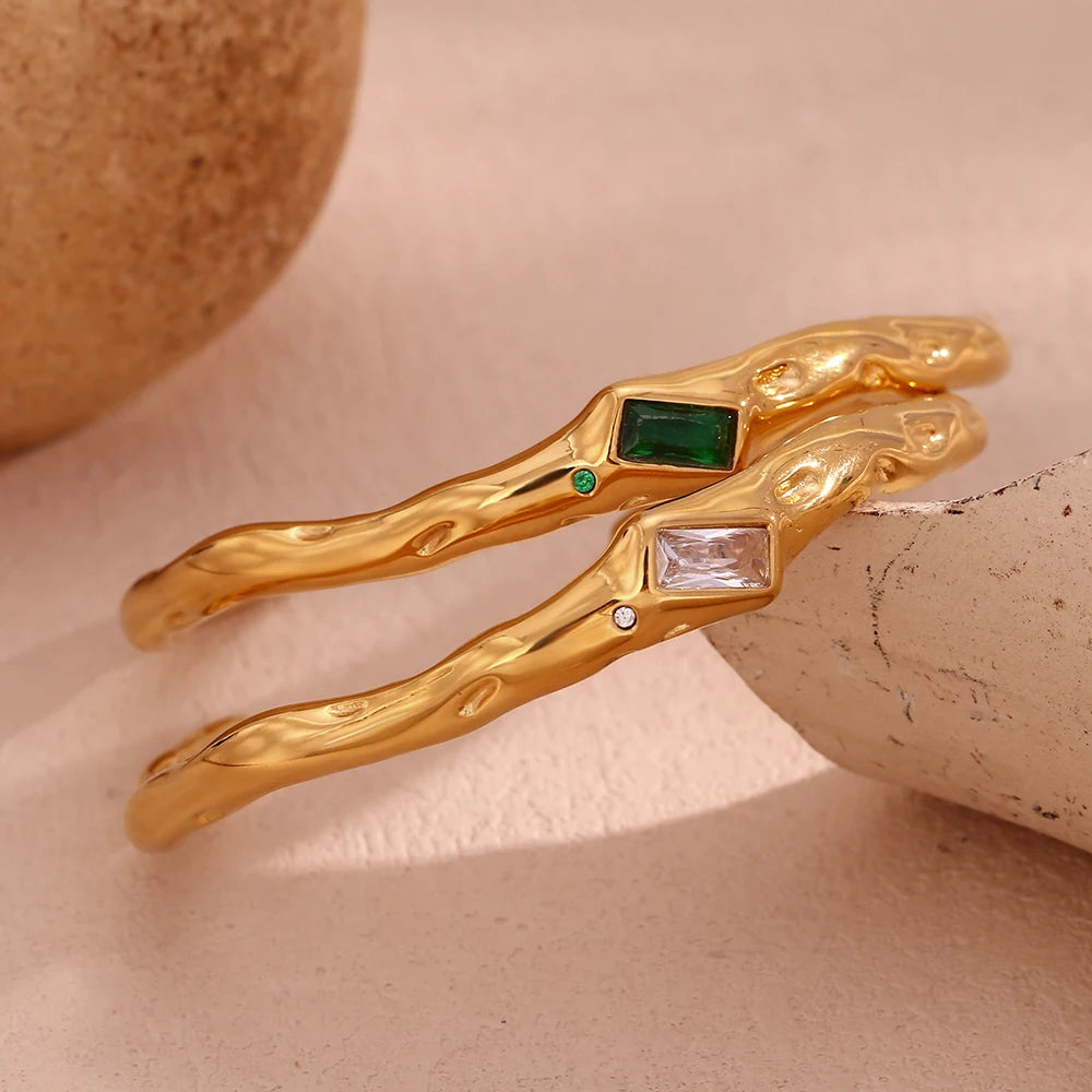 E.B.belle Irregular Opening Rectangular Zircon Bracelet 18K Gold Plated Green Color 316L Stainless Steel Women's Hand Bracelets