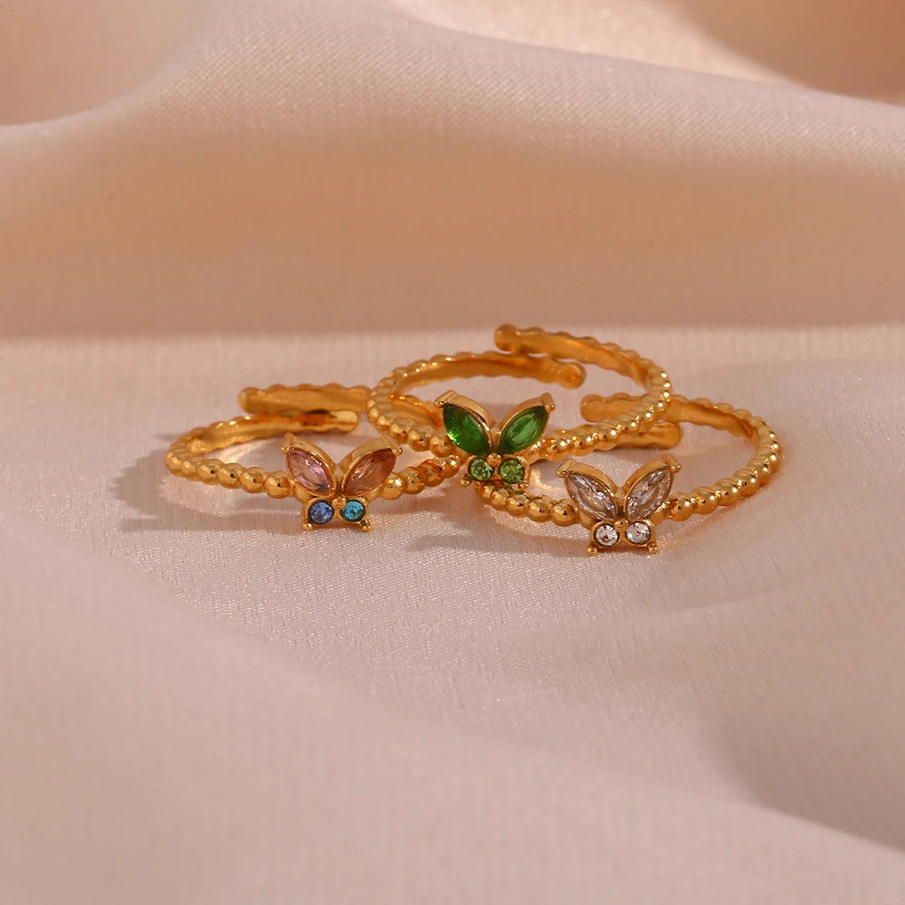 E.B.belle Cute Lovely Colorful Cubic Zirconia Adjustable Butterfly Rings For Women Stainless Steel Gold Plated Butterfly Ring