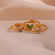 E.B.belle Cute Lovely Colorful Cubic Zirconia Adjustable Butterfly Rings For Women Stainless Steel Gold Plated Butterfly Ring