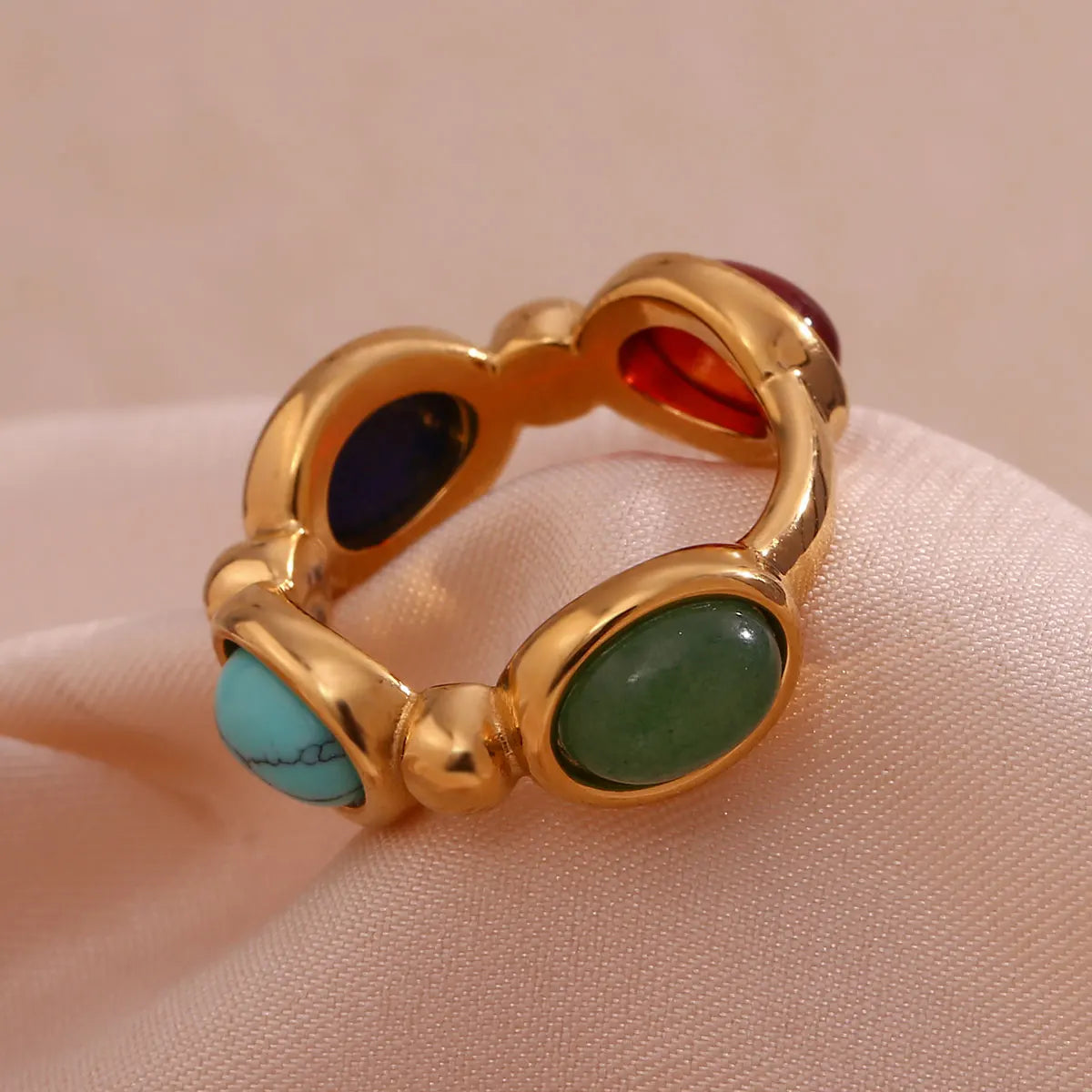 4 Colors Natural Stone Lapis Turquoise Carnelian Colorful Y2K Rings For Ladies Delicate Holiday Gold Plated Stainless Steel Ring