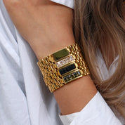 E.B.belle Oringinal Design Black White  3A Zircon Paved Watchband Wrist Bracelets For Women Stainless Steel Gold Plated Bangles