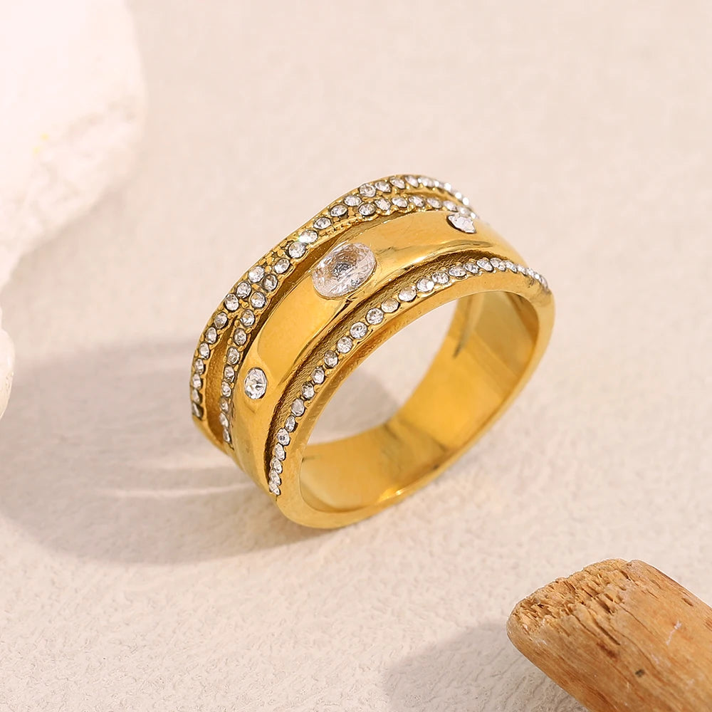 E.B.belle Creative Luxury Multipile Zircon Ring High Quality Stainless Steel 18K Gold Plated Party Statement Jewelry Accessories