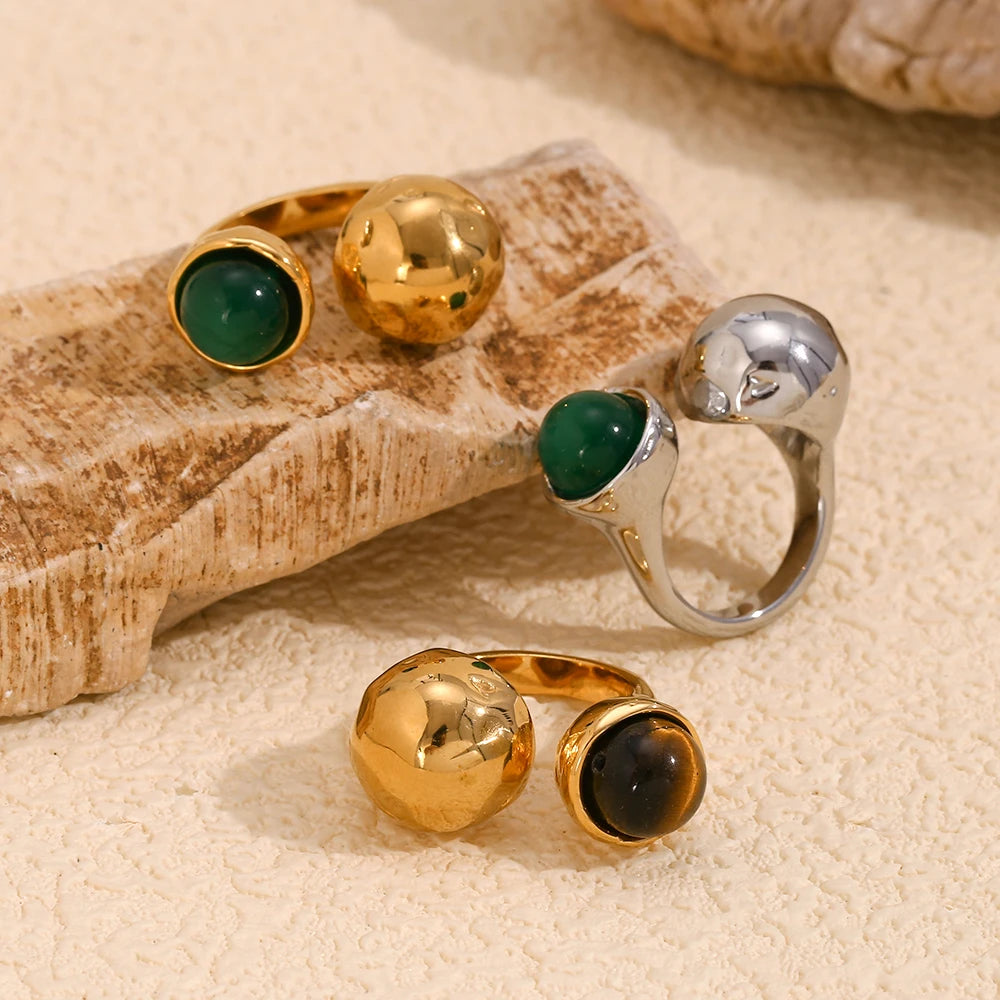 E.B.belle Double Balls Clip Agate Stone Opening Ring Waterproof 316L Stainless Steel Natural Stone Jewelry For Fashion Women