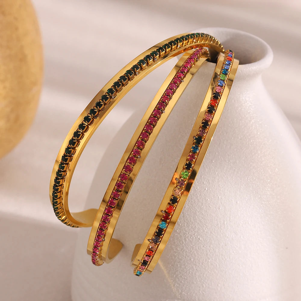 E.B.belle Fashion Waterproof Stainless Steel Shiny Colorful Turquoise Rhinestone Cuff Bracelets For Women Party Jewelry Gifts