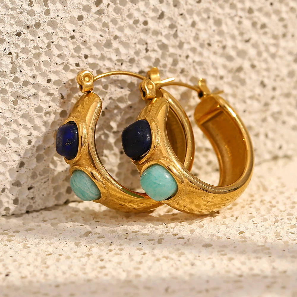 E.B.belle Round  Lazurite Turquoise Natural Stone Hoop Earrings Stainless Steel 18K Gold Plated Waterproof FashionEar Jewelry