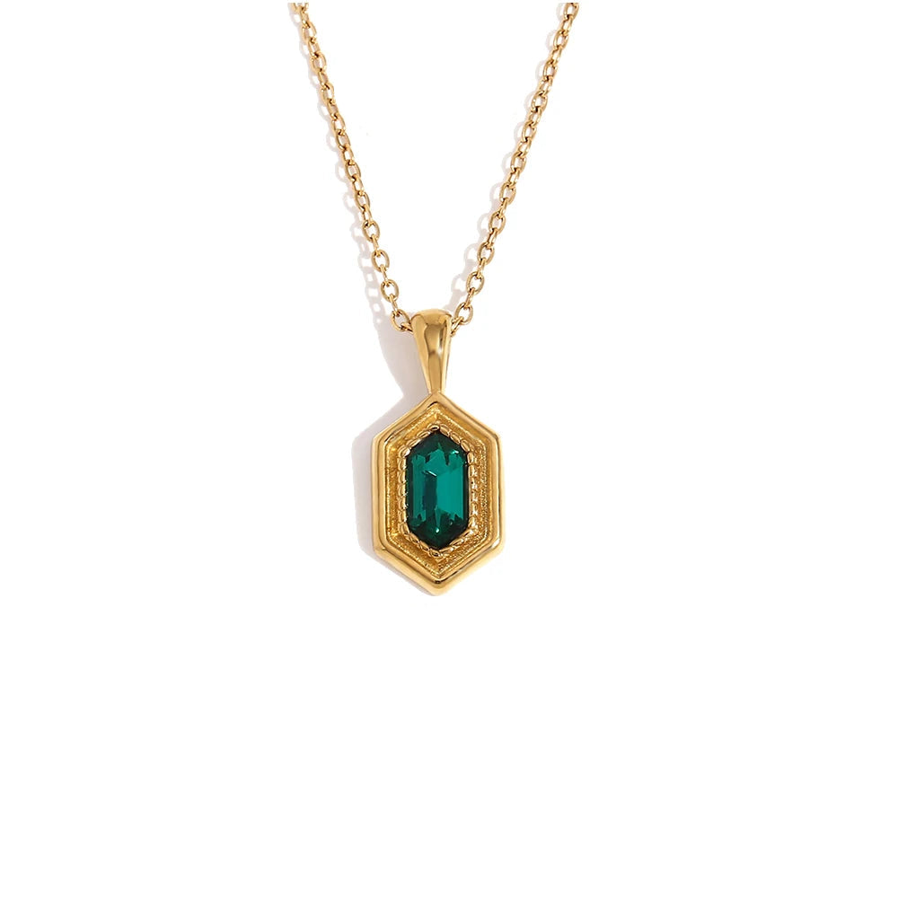 E.B.belle Hexagonal Green Rhinestone Necklace Retro Style Gold Color Women Water Resistant Jewelry 316L Stainless Steel Necklace