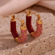 E.B.belle Purple Green White Enamel U Shaped Rhinestone Crystal Paved Y2K Hoop Earrings For Girls Female Ladies Colorful Earring