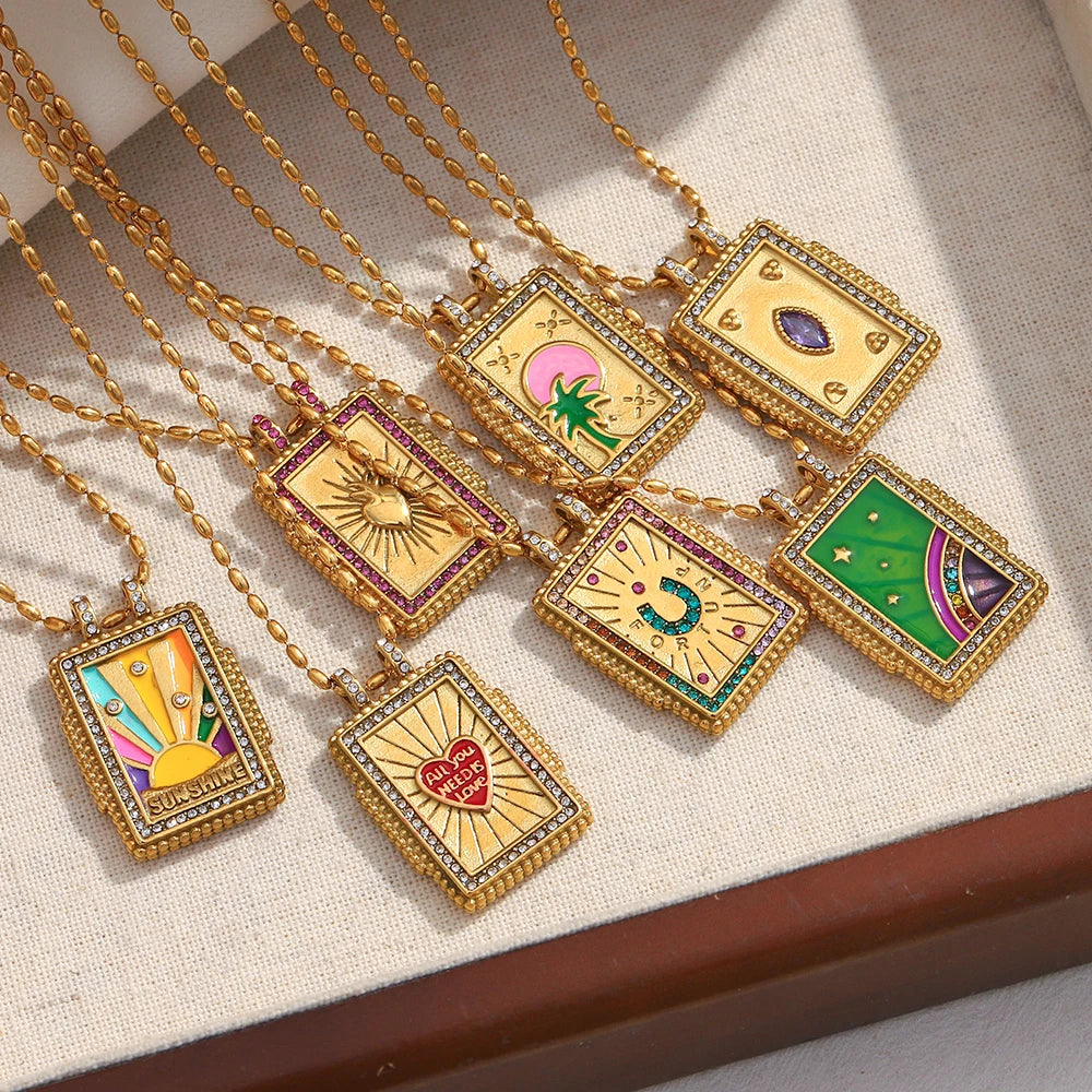E.B.belle Colorful Enamel Square Zircon Pendant Necklace 18K Gold Plated Stainless Steel Fashion Neck Jewelry
