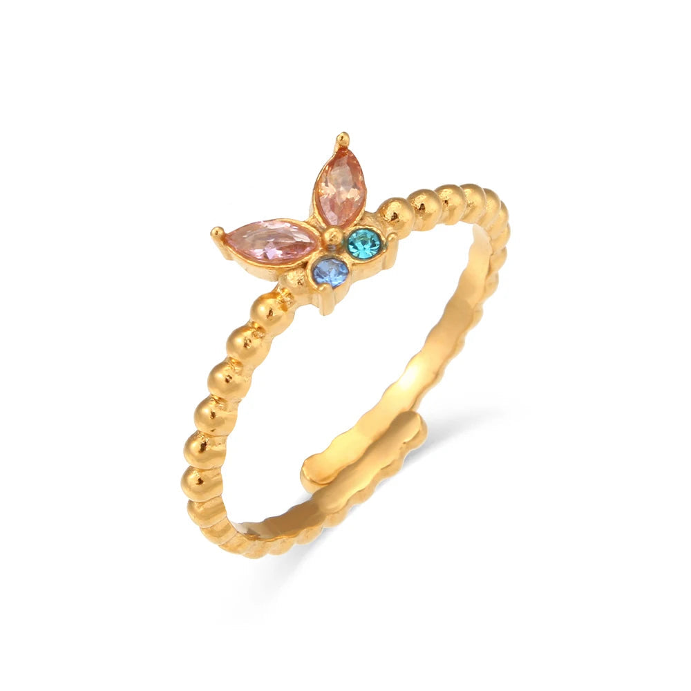 E.B.belle Cute Lovely Colorful Cubic Zirconia Adjustable Butterfly Rings For Women Stainless Steel Gold Plated Butterfly Ring