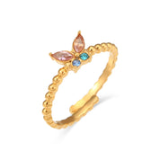 E.B.belle Cute Lovely Colorful Cubic Zirconia Adjustable Butterfly Rings For Women Stainless Steel Gold Plated Butterfly Ring