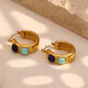 E.B.belle Round  Lazurite Turquoise Natural Stone Hoop Earrings Stainless Steel 18K Gold Plated Waterproof FashionEar Jewelry