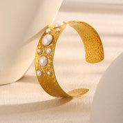 E.B.belle Wide Facted Hammer Pattern Multi Size Pearl Cuff Bracelet 18K Gold Plated Elegant Style Chic Jewelry Acccessories