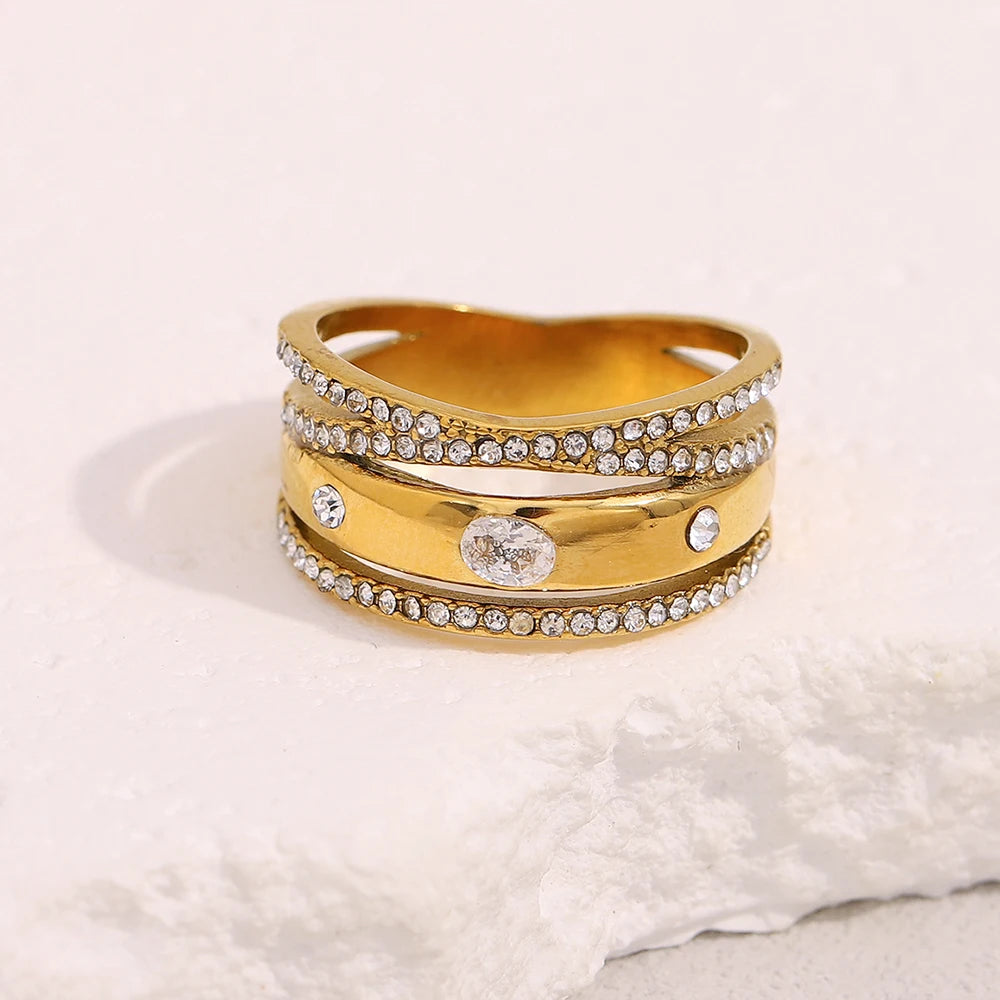 E.B.belle Creative Luxury Multipile Zircon Ring High Quality Stainless Steel 18K Gold Plated Party Statement Jewelry Accessories